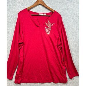 Quacker Factory Womens Red Top Rhinestone‎ Angel Size 2X Christmas